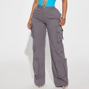 Fashion Nova Charcoal Wide Leg Cargo Pants